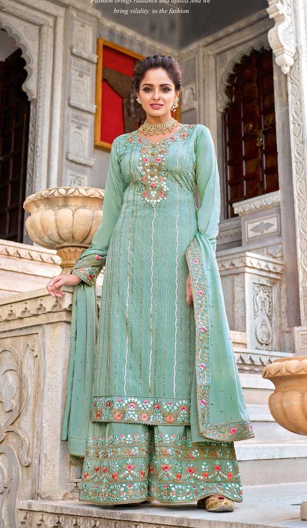 Mint Color Chinon Thread And Zari Embroidery Work Pakistani Style Palazzo Suit -5134160086