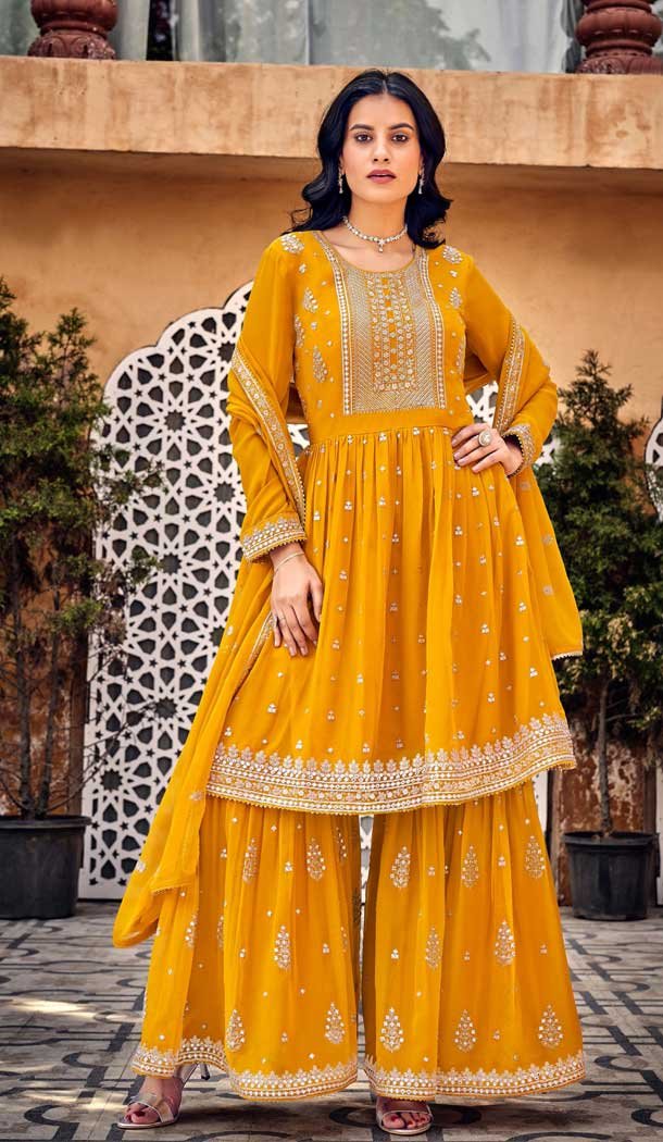 Mustard Color Heavy Georgette Embroidery Work Pakistani Style Palazzo Salwar Suit -5135160090