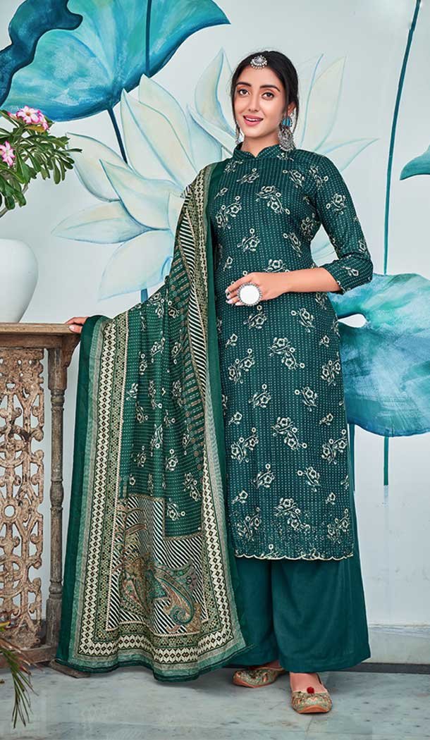 Teal Color Pashmina Silk Embroidery Work Party Wear Palazzo Salwar Suit -5141160122