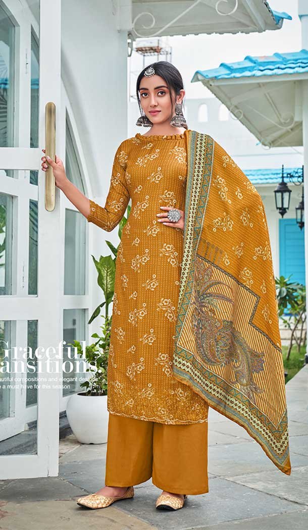 Mustard Color Pashmina Silk Embroidery Work Party Wear Palazzo Salwar Suit -5141160123