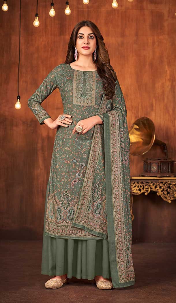 Green Color Pashmina Silk Embroidery Work Casual Wear Palazzo Suit -5143160137