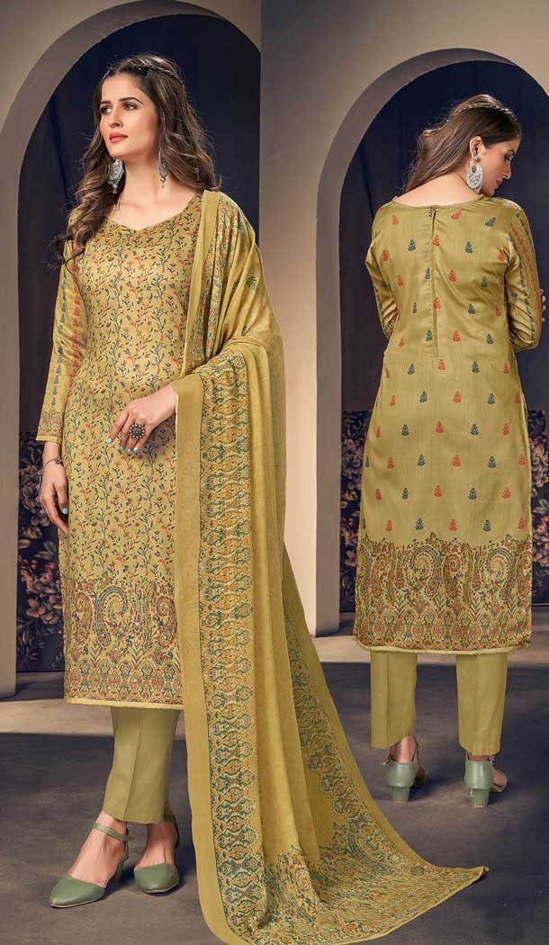 Green Color Jam Cotton Digital Print And Mirror Work Party Wear Salwar Kameez -5137160097