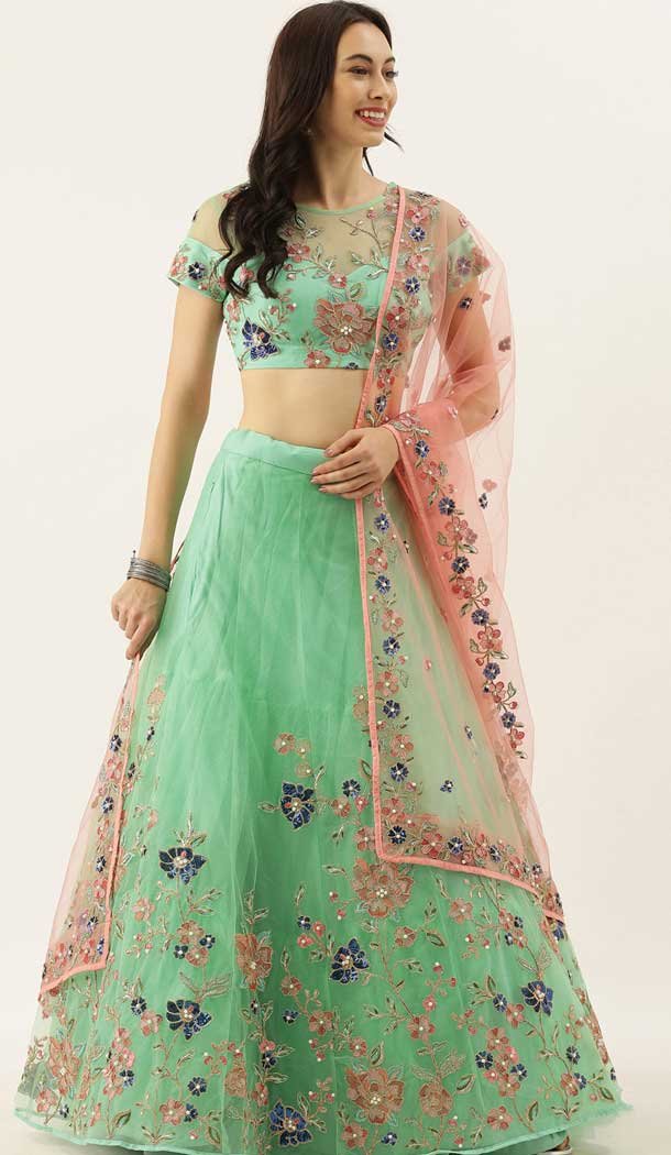 Mint Green Color Net Embroidery Work Designer Party Wear Lehenga Choli -5171160338