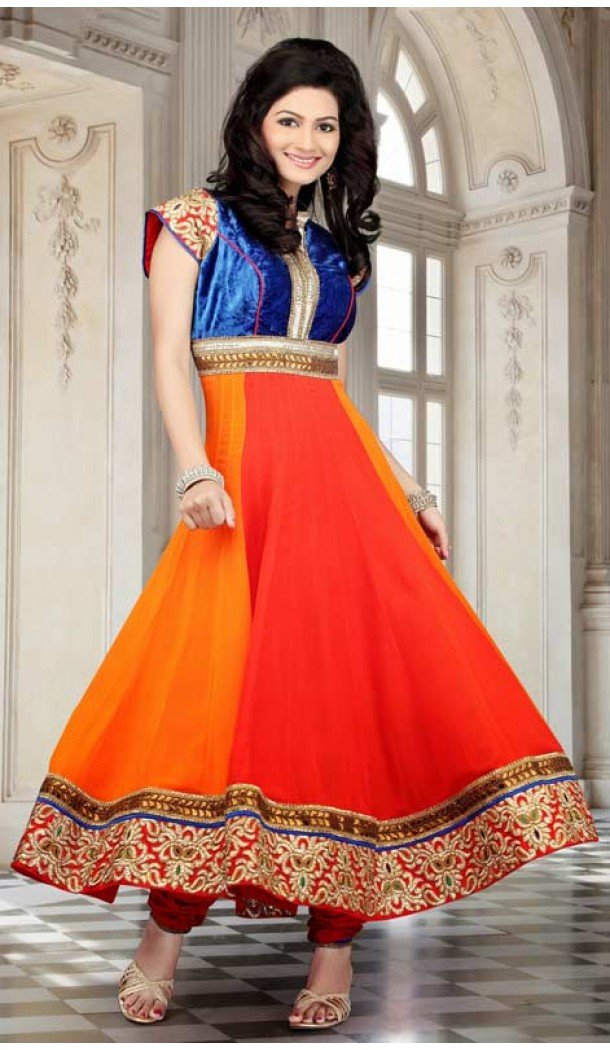 Dazzling Diva Deep Orange, Royal Blue & Tometo Salwar Kameez Dazzling Diva Deep Orange, Royal Blue & Tometo Salwar Kameez