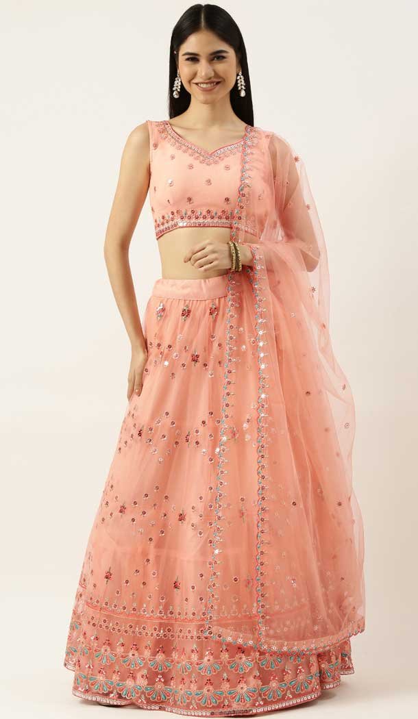 Peach Color Net Embroidery Work Function Wear Designer Lehenga Choli -5172160344
