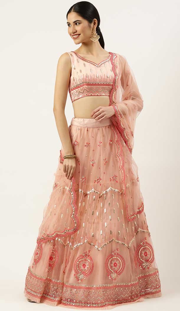 Function Wear Peach Color Net Embroidery Work Designer Lehenga Choli -5172160348