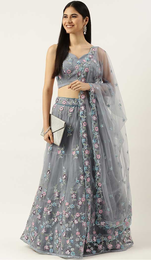 Function Wear Grey Color Net Embroidery Work Designer Lehenga Choli -5172160351