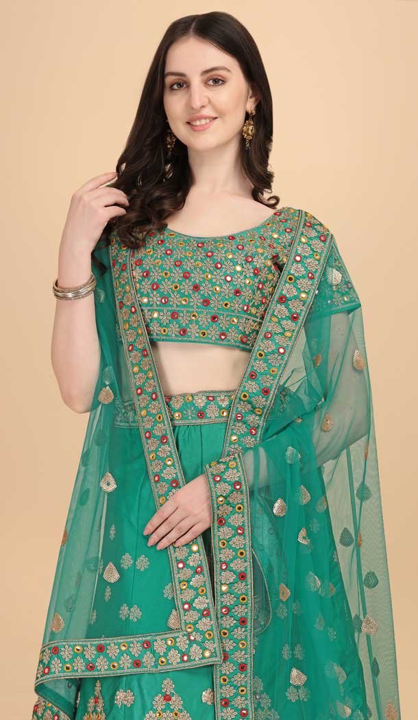 Green Color Satin Silk Embroidery Work Party Wear Lehenga Choli -5195160476