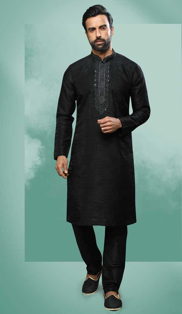 Black Color Art Silk Mirror Work Festival Wear Designer Men's Kurta Pajama -5192160442