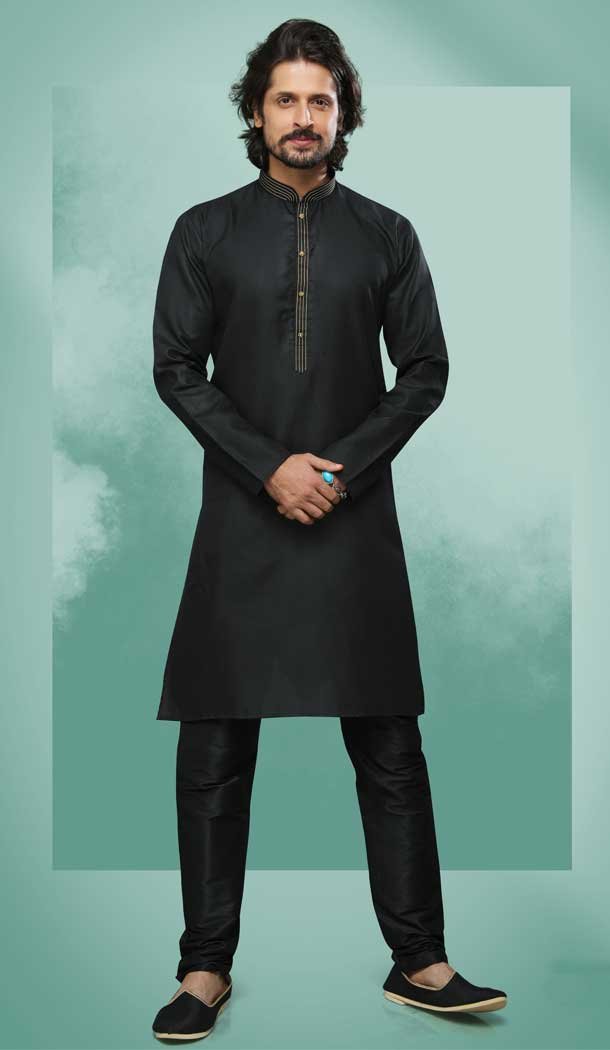 Black Color Cotton Self Work Festival Wear Designer Men's Kurta Pajama -5192160452