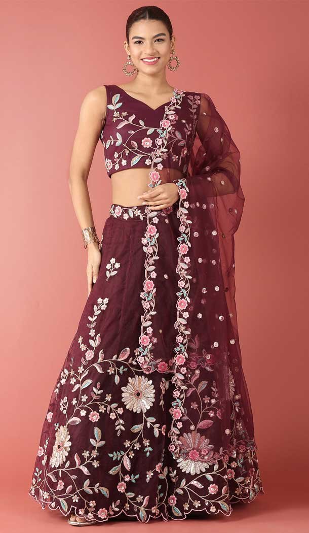 Burgundy Color Net Embroidery Work Designer Wear Women Lehenga Choli -5204160521