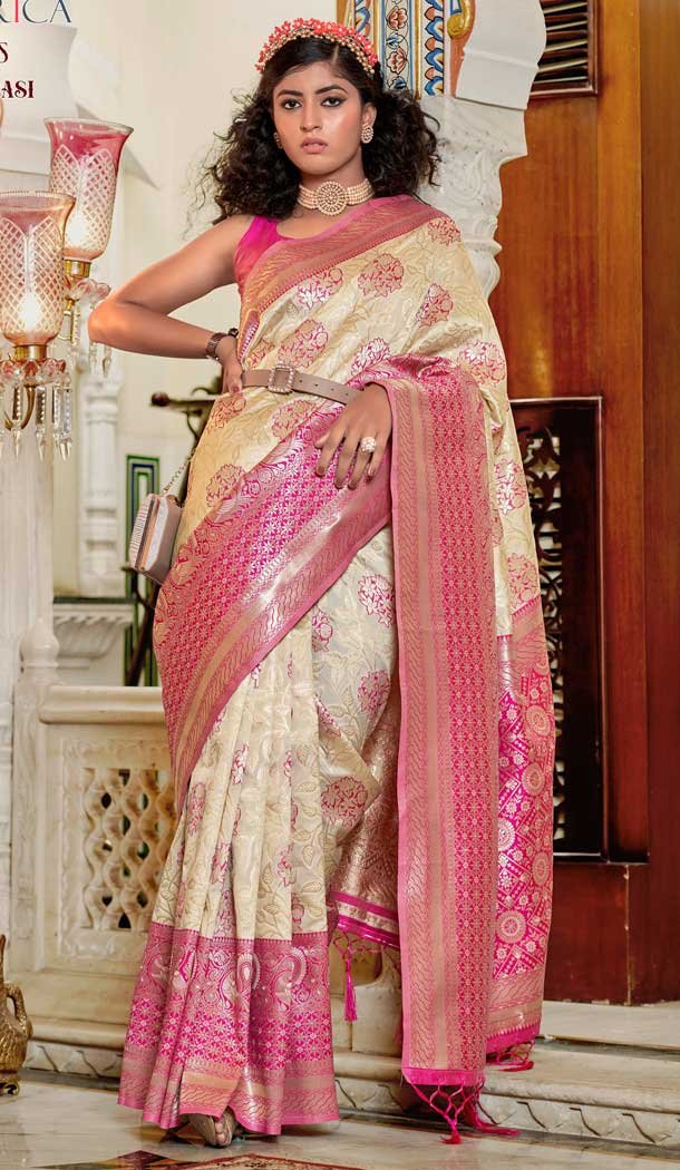 Banarasi Silk Jacquard Work Cream Color Tradtional Party Wear Saree Blouse -5275160923