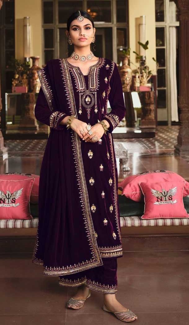 Wine Color Velvet Embroidery Work Party Wear Women Salwar Kameez 5276160929