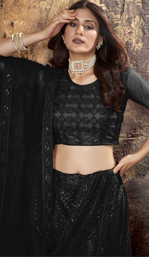 Black Color Net Embroidered Work Traditional Party Wear Plus Size Lehenga Choli -5309161165