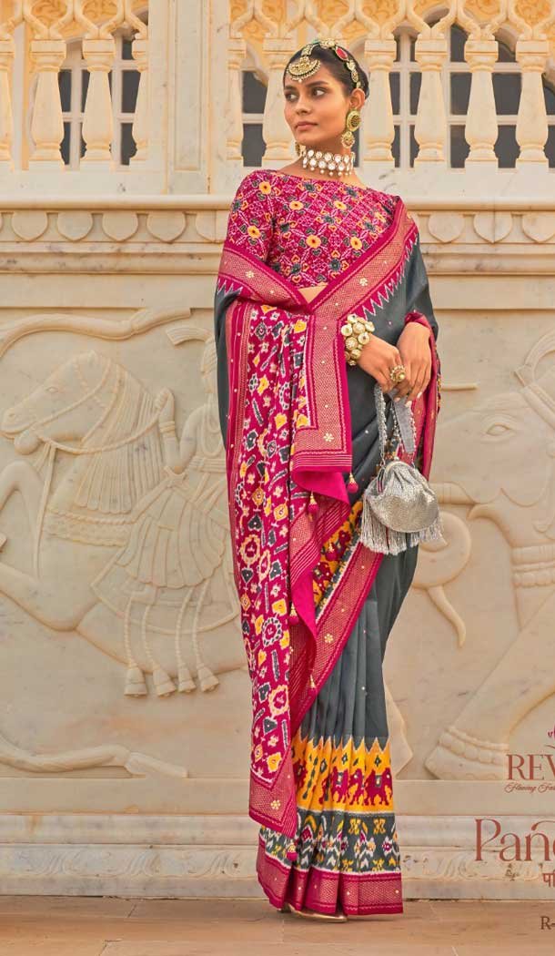 Dark Grey Color Smooth Silk Print And Hand Work Designer Saree -5371161675 Dark Grey Color Smooth Silk Print And Hand Work Designer Saree -5371161675