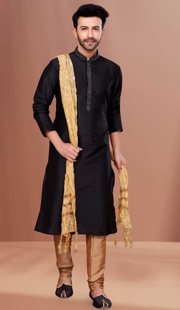 Black Color Banarasi Dhupion Resham And Zari Work Festival Wear Men's Kurta Pajama -5401161866