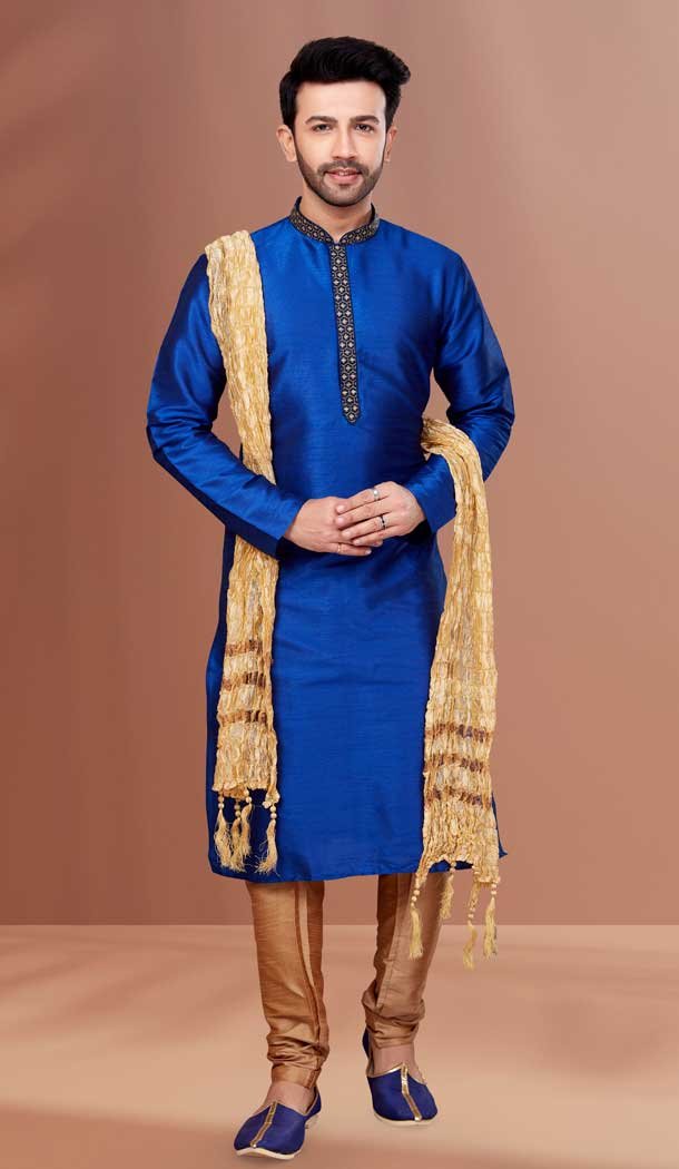 Teal Blue Color Banarasi Dhupion Resham And Zari Work Festival Wear Men's Kurta Pajama -5401161869