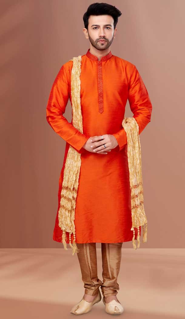 Banarasi Dhupion Orange Color Resham And Zari Work Festival Wear Men's Kurta Pajama -5401161871