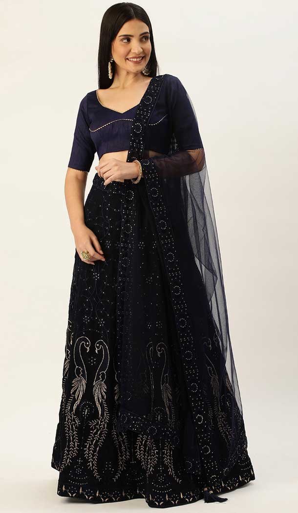 Navy Blue Color Georgette Embroidery Work Party Wear Designer Lehenga Choli -5433162074