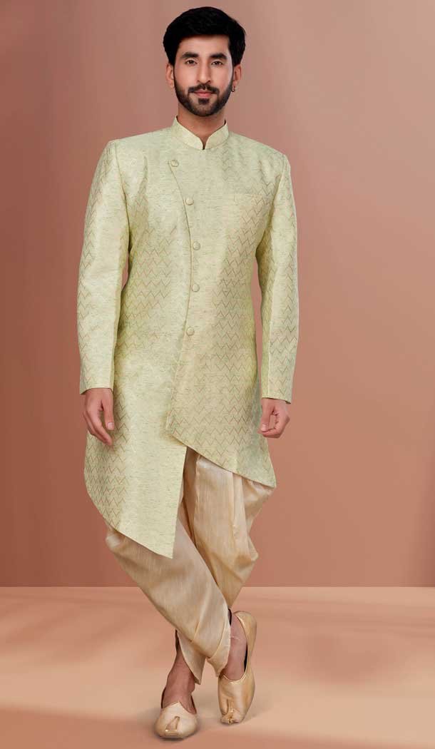 Light Green Color Linen Woven Work Function Wear Men's Indo Western -5473162314