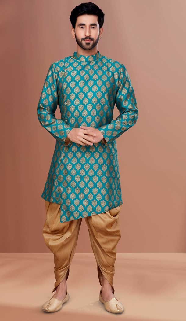 Green Color Jacquard Woven Zari Work Function Wear Men's Indo Western -5473162318