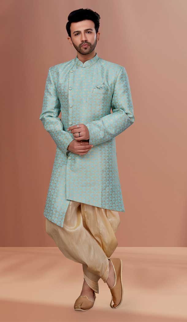 Aqua Blue Color Jacquard Woven Zari Work Function Wear Men's Indo Western -5473162328
