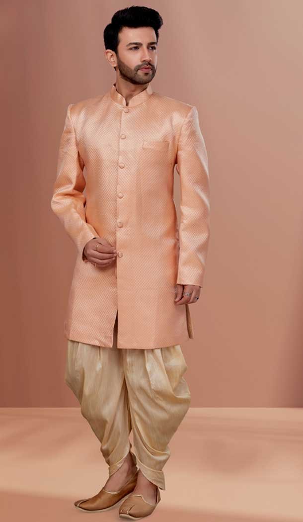 Peach Color Heavy Polystar Self Work Function Wear Men's Indo Western -5473162330