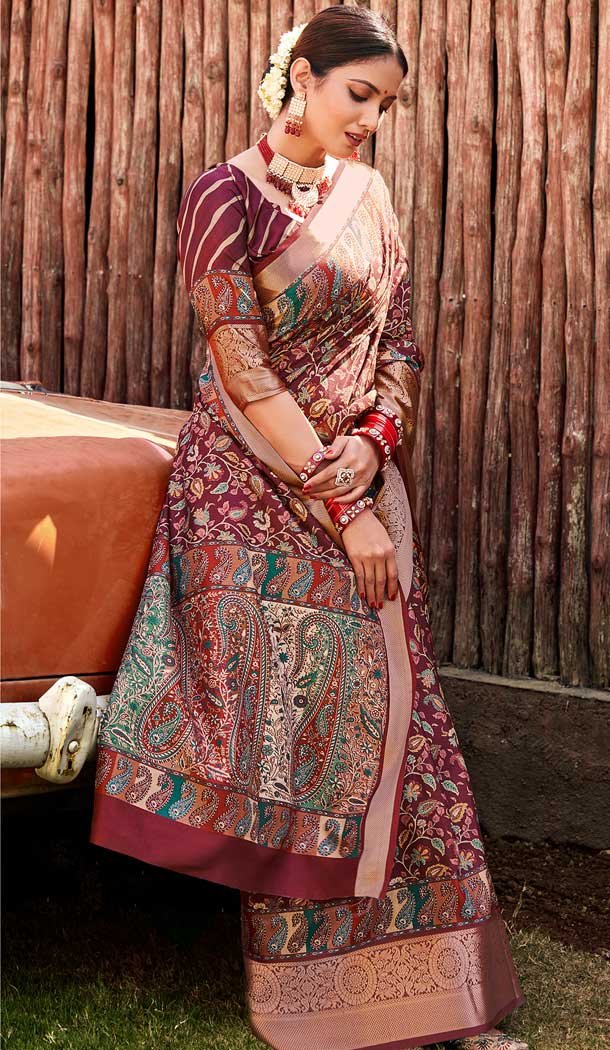 Wine Color Silk Digital Print Work Casual Party Wear Saree -54775162350 Wine Color Silk Digital Print Work Casual Party Wear Saree -54775162350