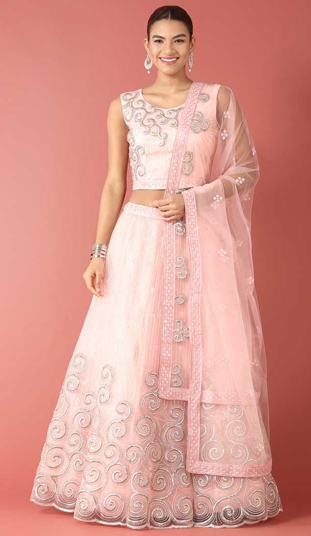 Light Pink Color Net Embroidery Work Mehendi Sangeet Wear Lehenga Choli -5501162502