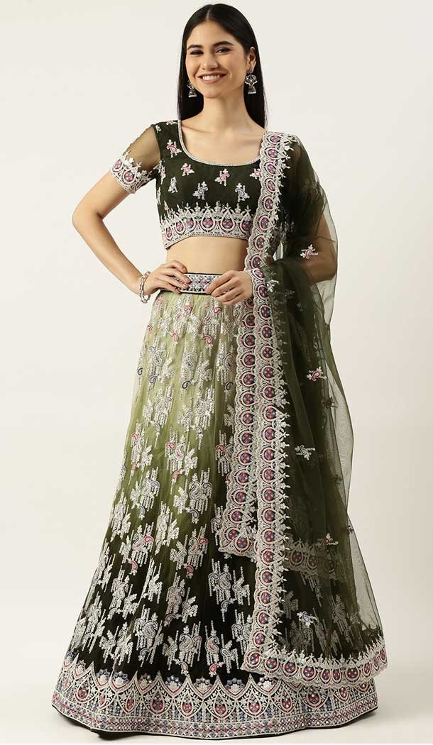 Mehendi Green Color Net Embroidery Work Designer Mehendi Sangeet Lehenga Choli -5502162506