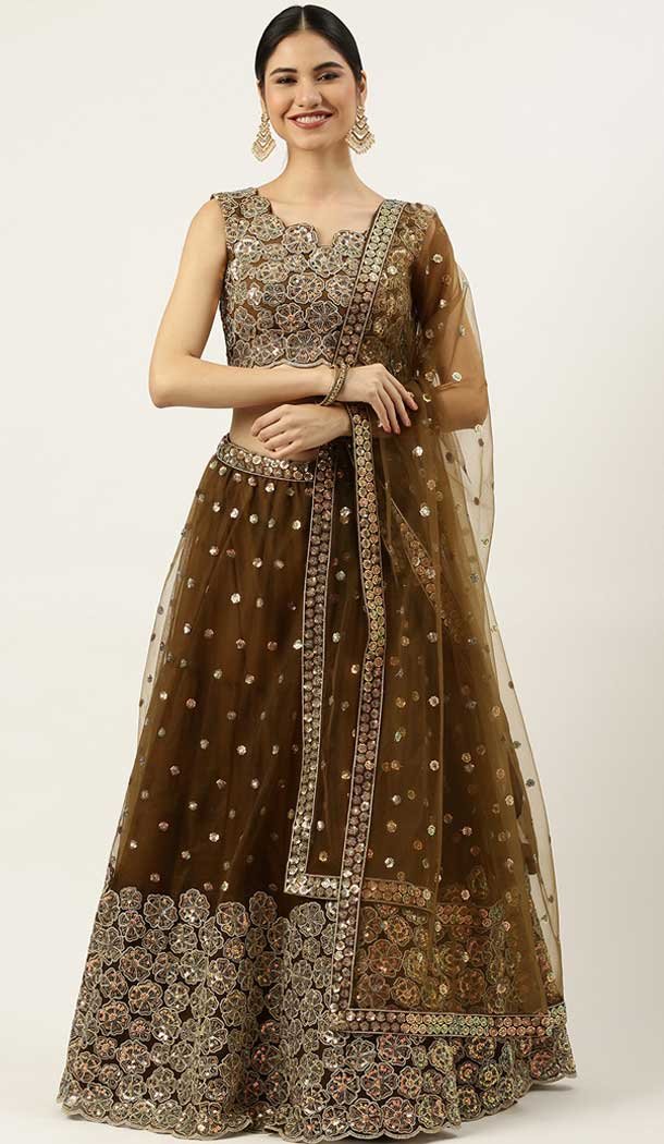 Brown Color Net Embroidery Work Designer Mehendi Sangeet Wear Lehenga Choli -5502162509