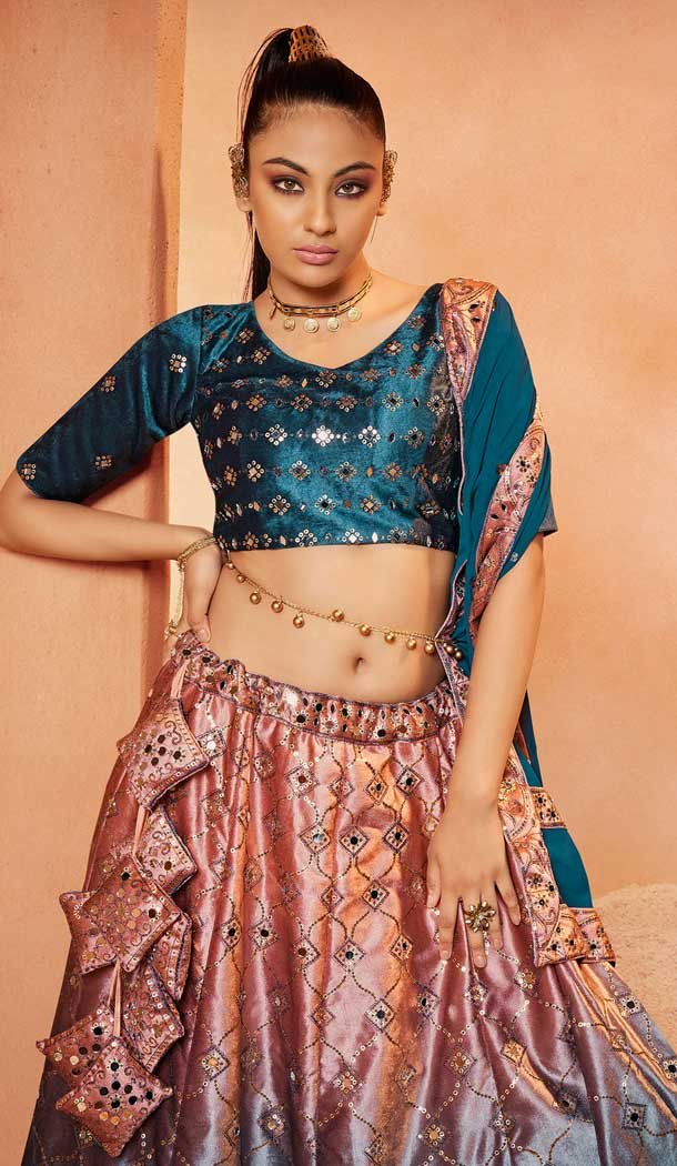 Teal Blue Color Velvet Embroidery Designer Sangeet Wear Lehenga Choli -5511162564