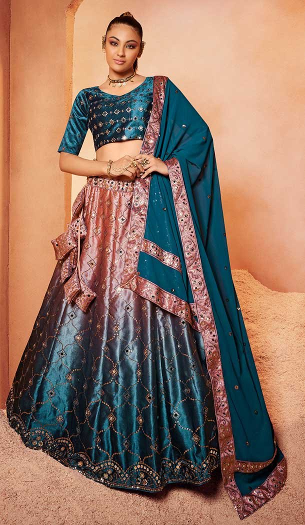 Teal Blue Color Velvet Embroidery Designer Sangeet Wear Lehenga Choli -5511162564