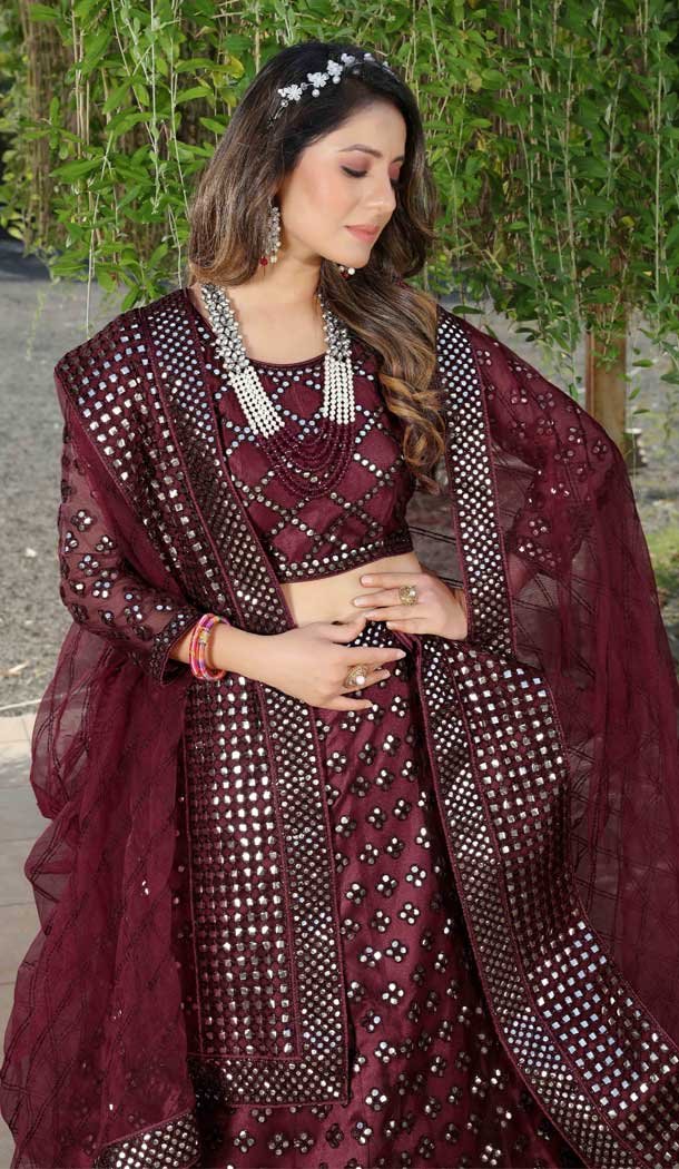 Butterfly Net Maroon Color Stone And Dori Work Designer Wear Lehenga Choli -5586163205