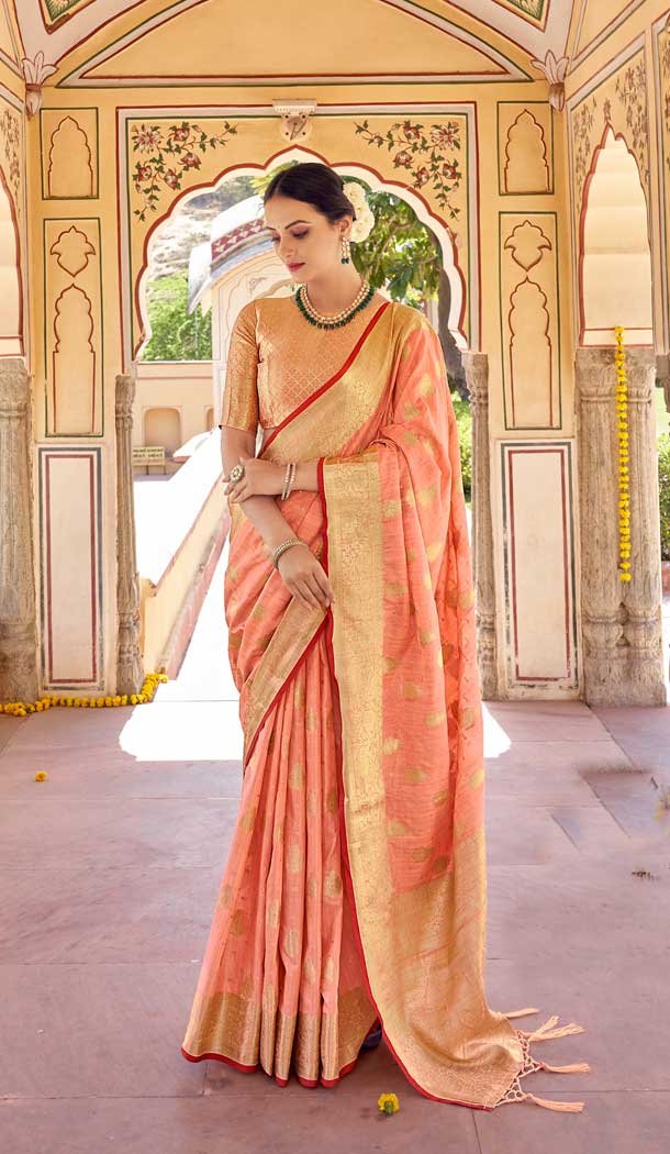 Peach Pink Color Soft Ghicha Silk Jacquard Work Party Wear Designer Saree -5587163212