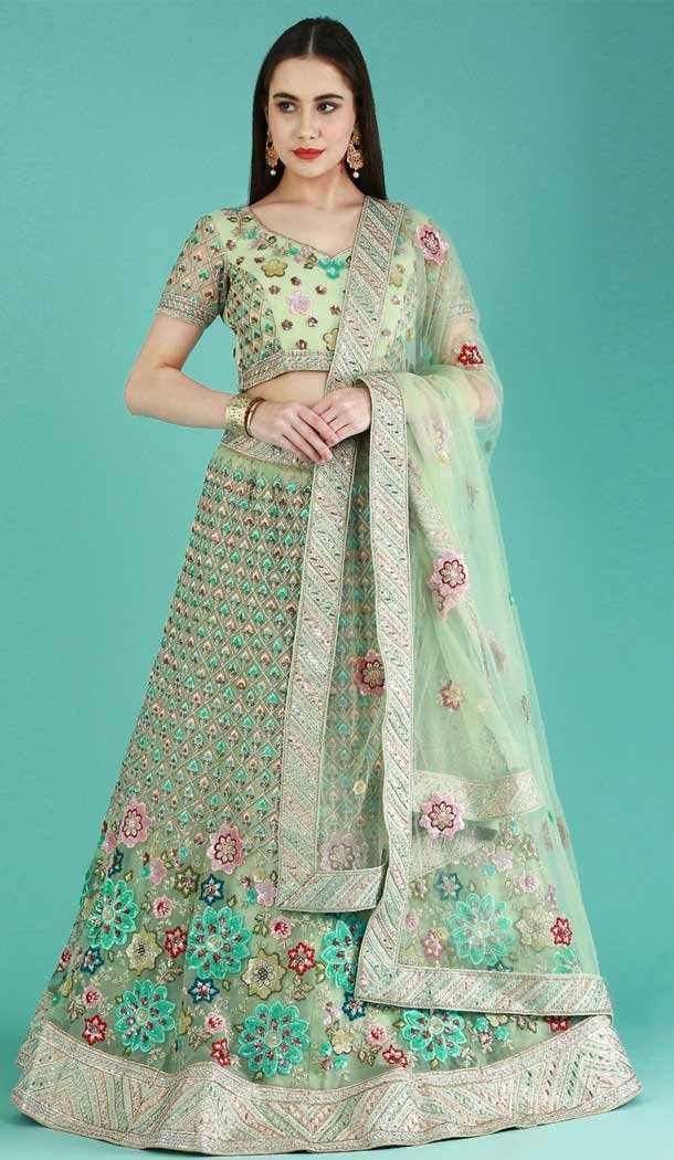 Pista Color Net Sequins Work Wedding Wear Designer Lehenga Choli -5594163248