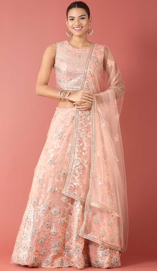 Net Sequins And Zari Work Peach Color Wedding Wear Lehenga Choli -5595163253