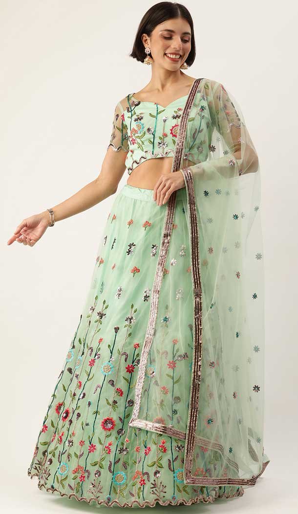 Wedding Wear Net Sequins Work Lehenga Choli In Light Green Color -5613163343