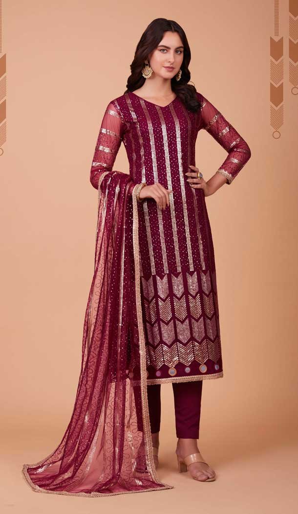 Wine Red Blue Color Butterfly Net Sequins Work Party Wear Salwar Kameez -5668163798