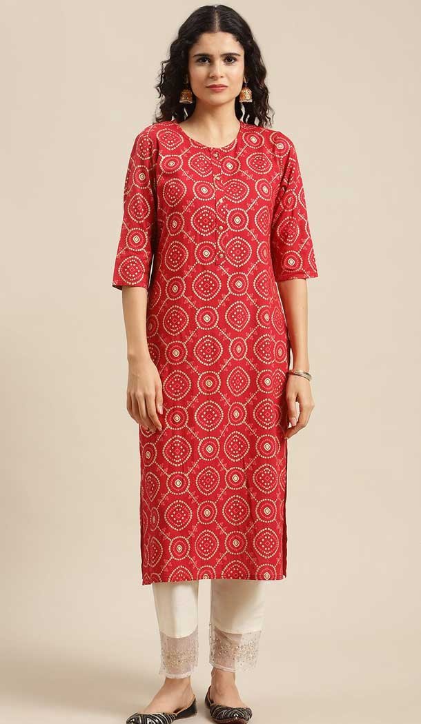 Red Color Poly Cotton Printed Work Readymade Party Wear Kurti -5641163570