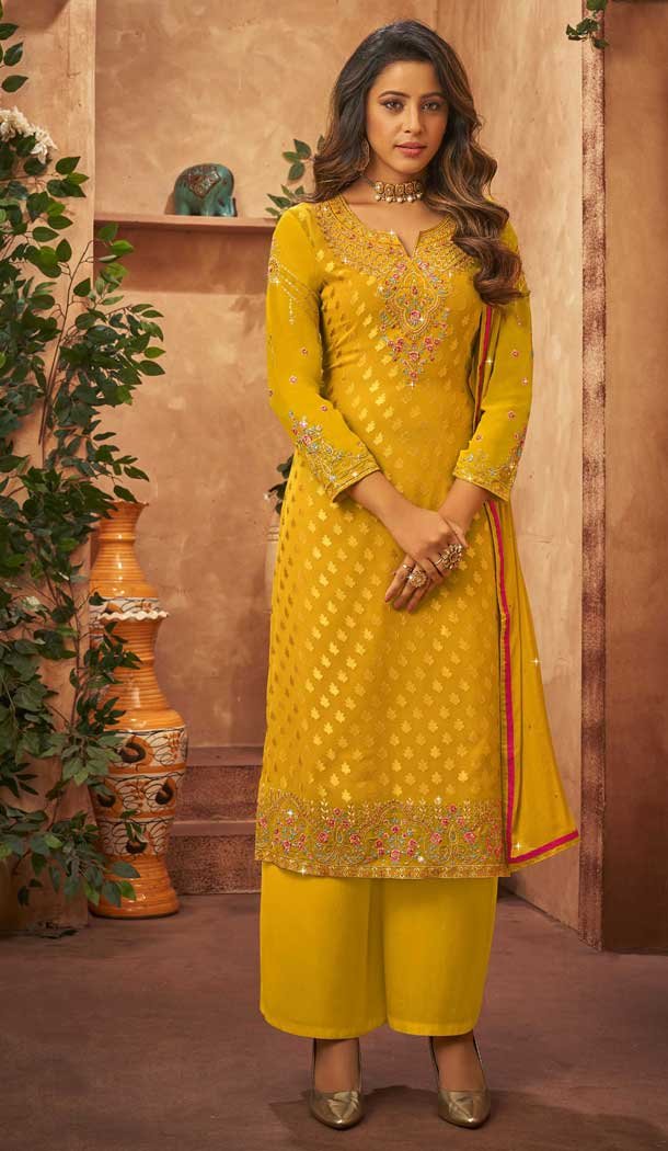 Yellow Color Heavy Brasso Embroidery Work Party Wear Palazzo Salwar Kameez -5648163630
