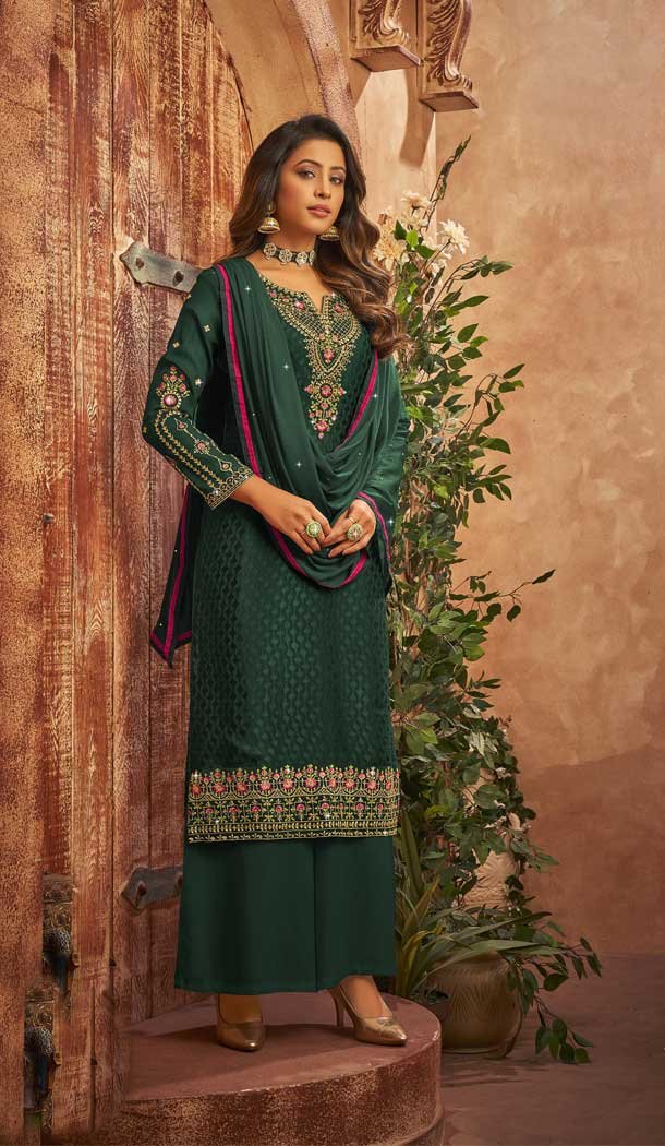 Green Color Heavy Brasso Embroidery Work Party Wear Palazzo Salwar Kameez -5648163631