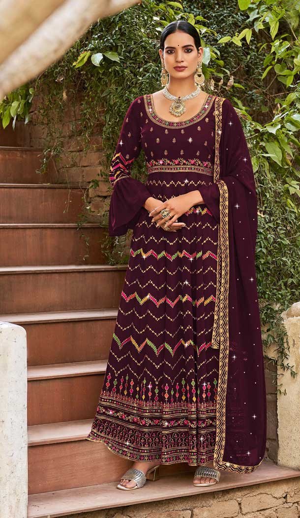Burgundy Color Georgette Resham Work Festival Wear Designer Salwar Suit -5650163643