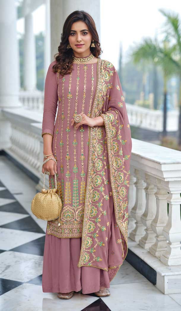 Dusty Pink Color Fox Georgette Resham Work Pakistani Palazzo Suit -5680163879