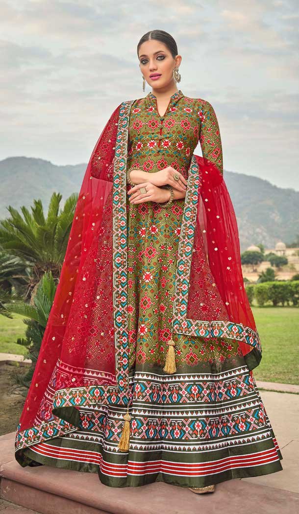 Mehendi Green Color Soft Dola Silk Patola Print Work Festival Wear Gown -5683163894