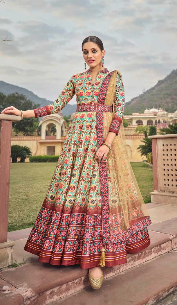 Patola Print Work Multi Color Soft Dola Silk Festival Wear Gown With Dupatta -5683163898