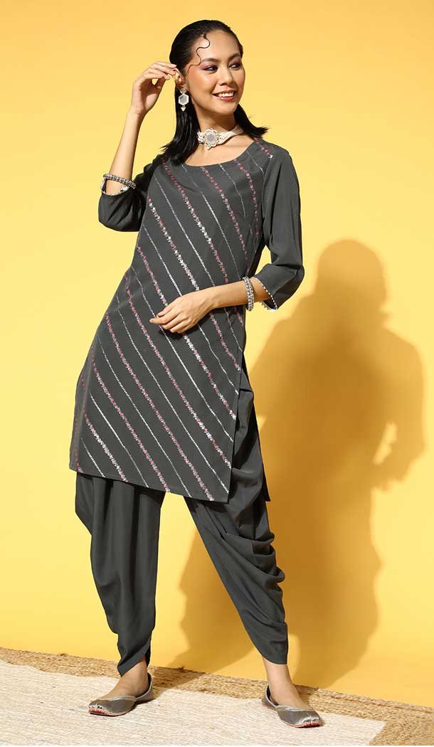 Grey Color Crepe Printed Work Party Wear Readymade Fancy Kurti And Dhoti -5687163927