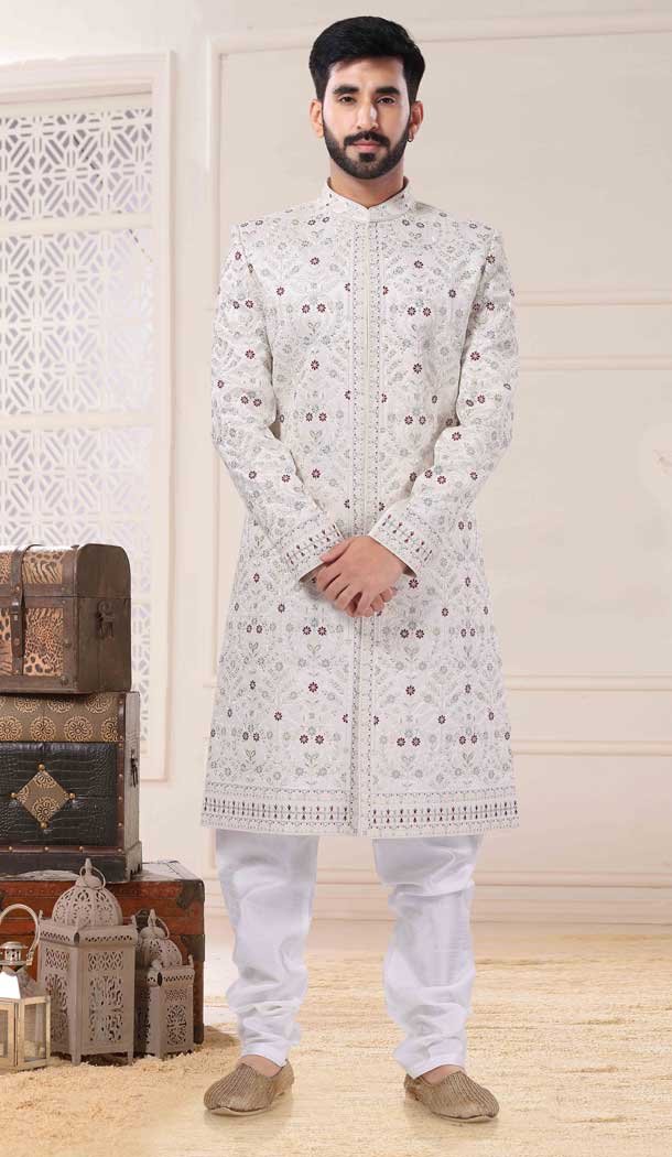 Off White Color Silk Resham And Sequins Work Readymade Men's Sherwani -5700164022
