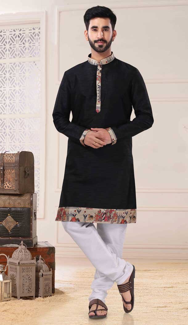 Black Color Silk Self Work Readymade Men's Kurta Pajama -5700164024