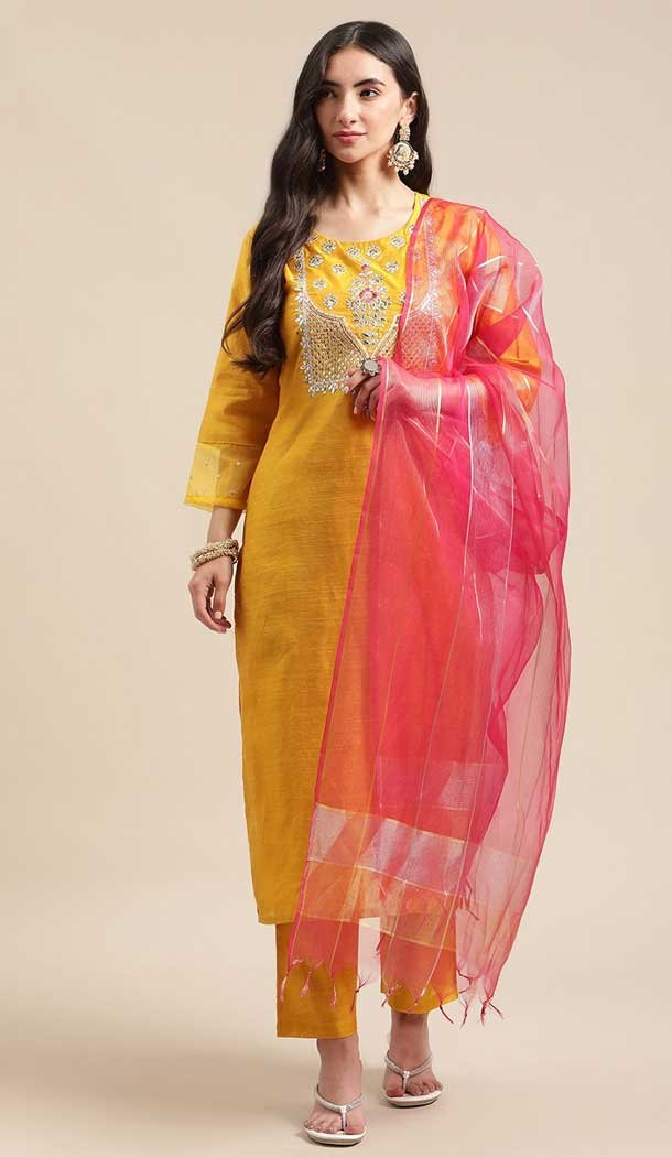 Yellow Color Poly Cotton Embroidery Work Party Wear Readymade Salwar Suit -5708164088